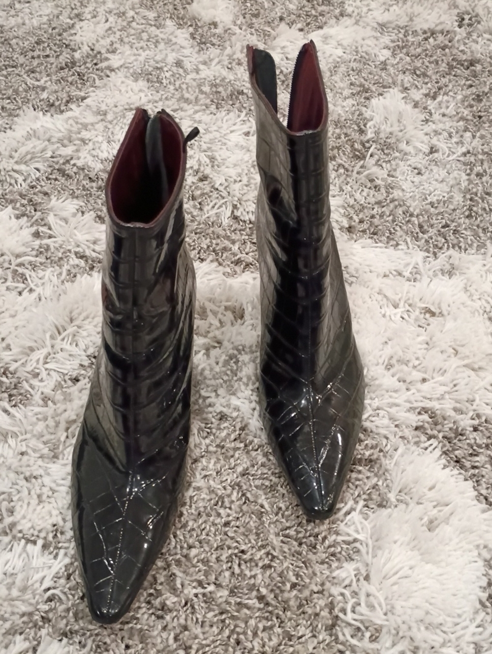 H&M Black Croc-Embossed Pointed Ankle Booties with Burgundy Lining